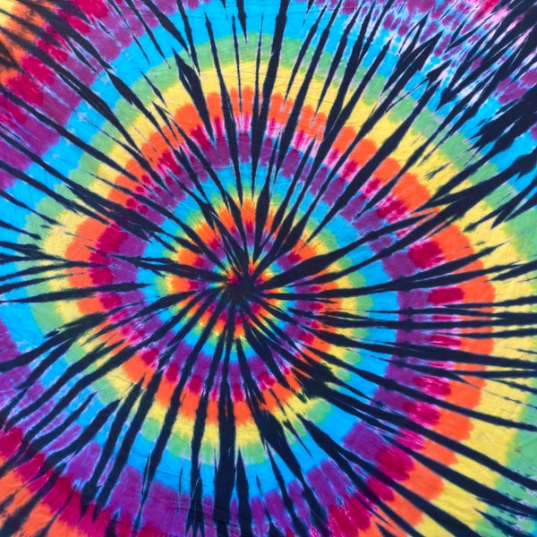 Tie Dye Rainbow Swirl with Black Accents Queen Flat Bed Sheet | Upcycled