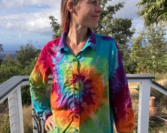 Tie Dye Women's Button Up Shirt | Women's Size S upcycled AS IS