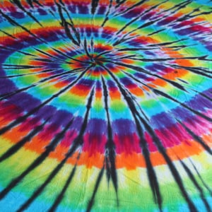 May include: A circular tie-dye pattern in shades of blue, green, yellow, orange, red, pink, and purple with black lines radiating from the center.