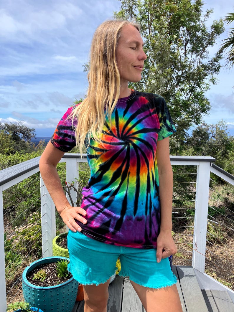 Tie Dye Rainbow With Black Accents Tee Shirt | Women's XS Upcycled - Etsy