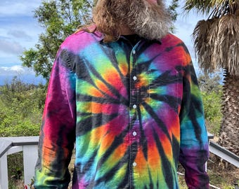 Tie Dye Rainbow with Black Accents Men's Button Up Long Sleeve Shirt | Men's Size XL