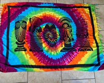 Tie Dye Rainbow Rayon Sarong Tribal Masks Pattern