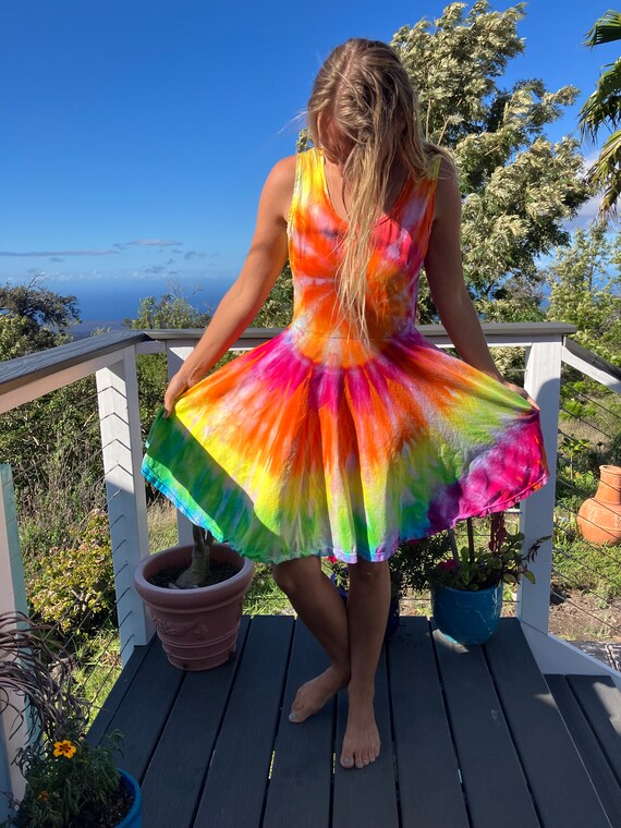 Tie Dye Colorful Casual Dresses Tie Dye Rainbow Ice Dye Tank Dress Size  Small