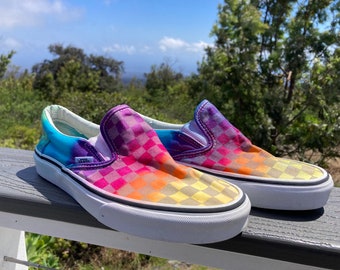 Tie Dye Rainbow Vans Checkered Slip On Shoes | Men's Size 8/Women's Size 9.5 Upcycled