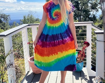 Tie Dye Rainbow Short Sleeve Dress With Pockets Size Small Upcycled
