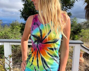 Tie Dye Tank Top Rainbow Swirl with Black Accents | Women&#39;s Size Small Upcycled AS IS