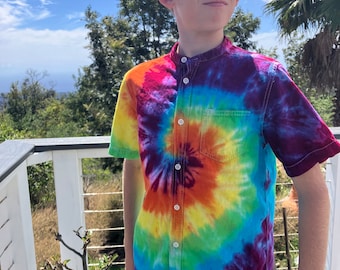Tie Dye Boys Button Up Shirt | Size XL (14-16) upcycled