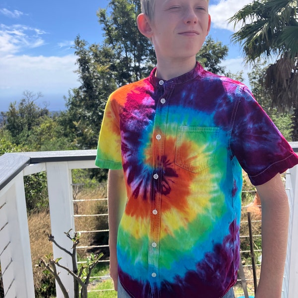 Tie Dye Boys Button Up Shirt | Size XL (14-16) upcycled