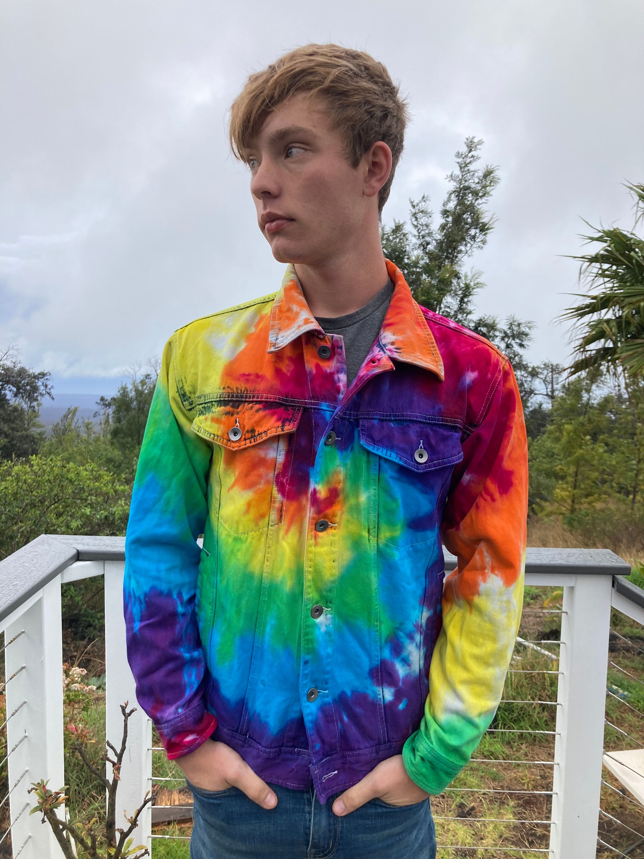 Tie Dye Rainbow Jean Jacket Adult Size Small Ucycled