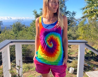 Tie Dye Rainbow Flowy Tank Coverup Upcycled AS IS