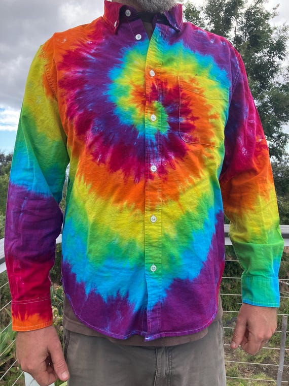 rainbow dress shirt mens Tie Dye Rainbow Swirl Long Sleeve Dress Shirt | Men's Sizes Small, Medium  and Large