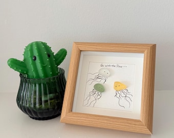 Sea Glass Art Jellyfish, Personalized Best Friend Gift, Framed Pebble Art, Coastal Home Decor, Beach Theme Birthday Gift for Her