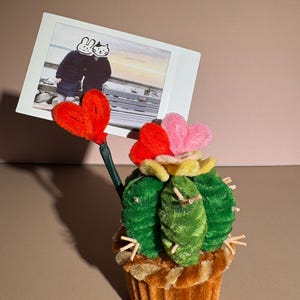 May include: A whimsical, handmade cactus-shaped photo holder. The green, plush cactus has a brown pot base and is adorned with red and pink heart accents. A photo of two people is displayed in a white frame.
