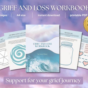 Peut inclure: Un cahier d'exercices intitulé "Grief and Loss Workbook" de 27 pages, format A4, téléchargeable instantanément en PDF imprimable. La couverture présente un motif de vagues. Pages supplémentaires avec schémas et texte. Fait par un thérapeute agréé.