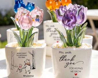 Teacher Glass Tulip Gift for Appreciation Desk Decor, Thank You for Helping Me Grow Keepsake, End of Year Teacher Gift Idea