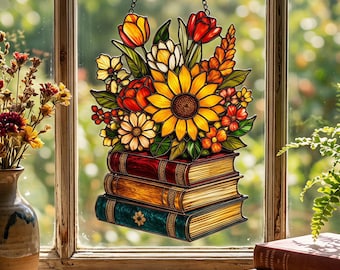 Acchiappasole per amanti dei libri, decorazione per finestre con fiori e libri in vetro colorato, regalo per bibliotecari, regalo per insegnanti, decorazione per sala lettura, decorazione per finestre di aule scolastiche.