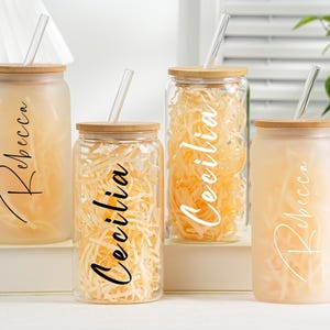 Custom Can Glass with Lid and Straw,Proposal Gift,Iced Coffee Cup,Personalized Glass Tumbler,Bridesmaid Proposal Gift,Bachelorette Glass Cup