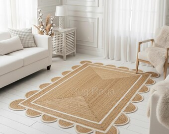 Jute Scalloped Rug, White Scalloped Rug, Scalloped Edge Rug, Boho Scallop Rug, Natural Jute Area Rug, Bohemian Decor Rug, Custom Size Rug