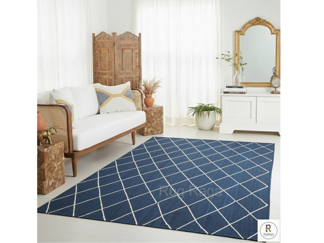 Navy Blue Diamond Pattern Jute Rug Sisal Square Boxes Jute Rug Hand ...