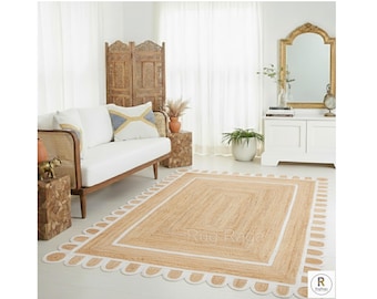 Natural Jute Rug- Scallop Edge Rug, Scalloped Jute Rug, Bohemian Rug, Jute Scalloped Rug, Jute Rug Rectangular, Scallop Jute Rug, Custom Rug