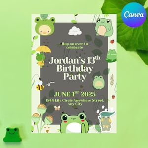 Kawaii Frog Party Invitation - Cute Green Gathering or Birthday - Editable Printable Template - Instant Digital Download - Canva NO Pro