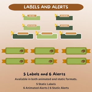 May include: Digital labels and alerts are shown, with text including "New Chat", "New Donation", and "New Subscriber". The design incorporates green and brown rectangles with decorative elements. The text "5 Labels and 6 Alerts" is also visible.