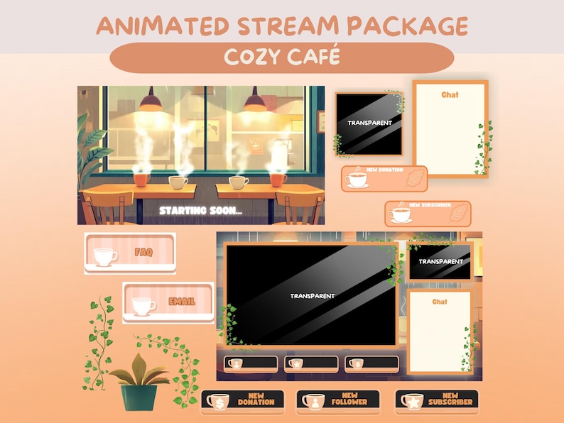 K&ouml;nnte beinhalten: Ein animiertes Stream-Paket mit einem gem&uuml;tlichen Caf&eacute;-Thema. Das Design umfasst eine Caf&eacute;szene, Chat-Boxen und verschiedene Overlay-Elemente. Der Text enth&auml;lt "Animated Stream Package", "Cozy Cafe", "Starting Soon", "FAQ", "Email", "Chat" und Labels.