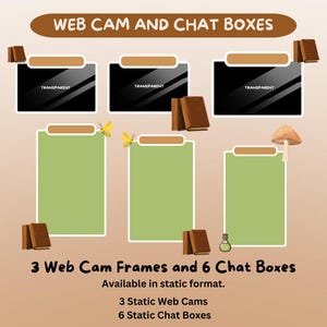 May include: Graphic with the text "WEB CAM AND CHAT BOXES" at the top. It features three black web cam frames labeled "TRANSPARENT" and three green chat boxes. The image also includes brown books, a mushroom, and butterflies.