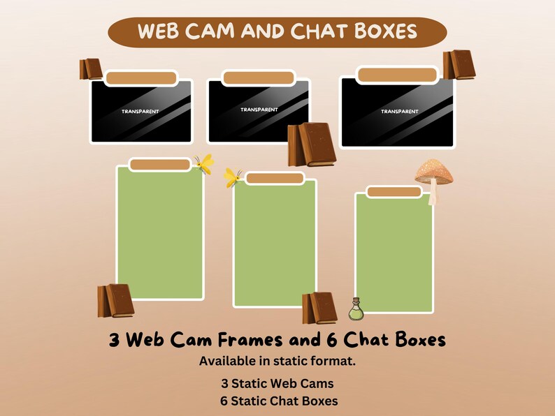 May include: Graphic with the text "WEB CAM AND CHAT BOXES" at the top. It features three black web cam frames labeled "TRANSPARENT" and three green chat boxes. The image also includes brown books, a mushroom, and butterflies.