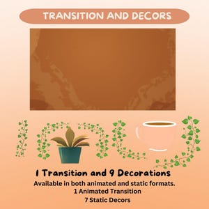 K&ouml;nnte beinhalten: Illustration mit dem Text "TRANSITION AND DECORS". Es enth&auml;lt eine Pflanze, eine Kaffeetasse und dekorative Weinreben. Der Text unten lautet "1 Transition und 9 Dekorationen", verf&uuml;gbar in animierten und statischen Formaten.