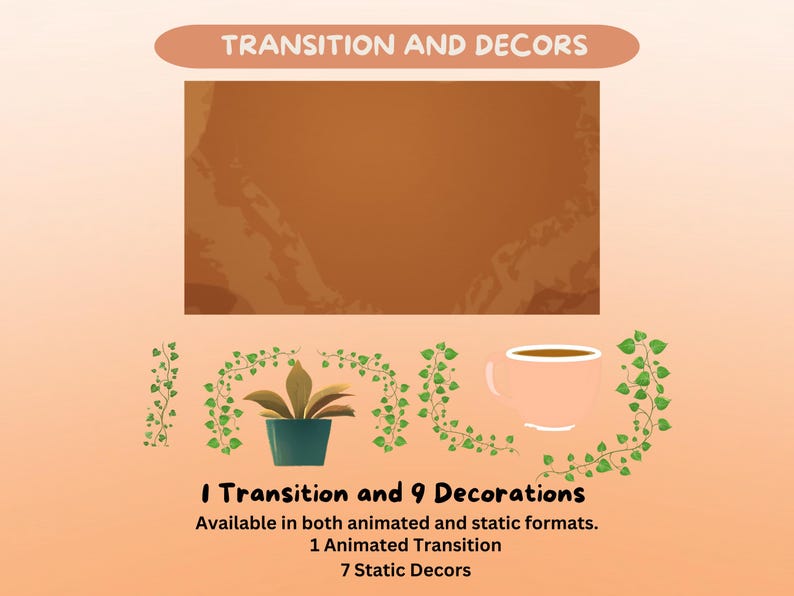 K&ouml;nnte beinhalten: Illustration mit dem Text "TRANSITION AND DECORS". Es enth&auml;lt eine Pflanze, eine Kaffeetasse und dekorative Weinreben. Der Text unten lautet "1 Transition und 9 Dekorationen", verf&uuml;gbar in animierten und statischen Formaten.