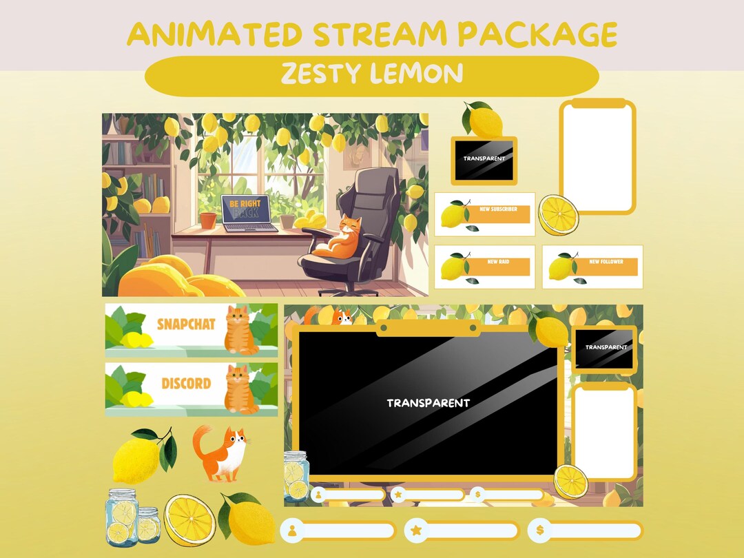 Lemon Twitch Overlay Animated Stream Package Summer Beach Stream Cute ...