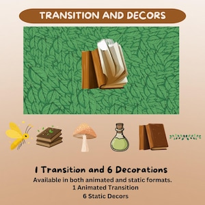 May include: An illustration with the text "TRANSITION AND DECORS" features a green leaf pattern background. It includes a stack of books, a butterfly, a mushroom, a potion bottle, and more books.
