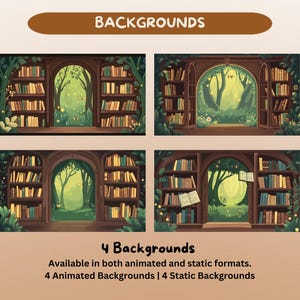 May include: Four digital backgrounds showing a library window with a forest view. The library has bookshelves either side of the window. The text "BACKGROUNDS" is at the top, and "4 Backgrounds" is at the bottom.