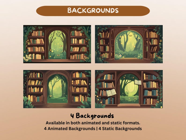 May include: Four digital backgrounds showing a library window with a forest view. The library has bookshelves either side of the window. The text "BACKGROUNDS" is at the top, and "4 Backgrounds" is at the bottom.