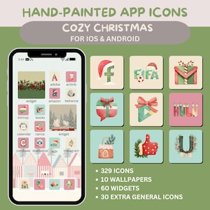 Op de afbeelding: Een smartphone toont handgeschilderde app-iconen in een gezellig kerstthema. De afbeelding bevat app-iconen, widgets en achtergronden. De tekst luidt "HAND-PAINTED APP ICONS COZY CHRISTMAS FOR IOS & ANDROID".