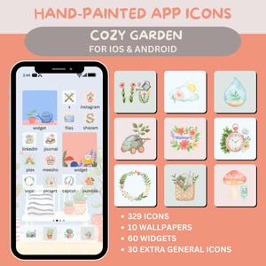 May include: A smartphone displays hand-painted app icons with a "Cozy Garden" theme. The icons are square and feature watercolor illustrations of flowers, gardening tools, and other garden-related elements. The image also lists the number of icons, wallpapers, widgets, and extra general icons.