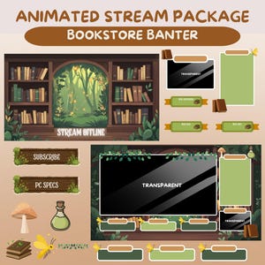 Puede incluir: Un paquete animado para stream, "Bookstore Banter", en tonos marrón y verde. Incluye una estantería, una escena de bosque y elementos de superposición como botones de suscripción y especificaciones de PC, y una pantalla transparente.