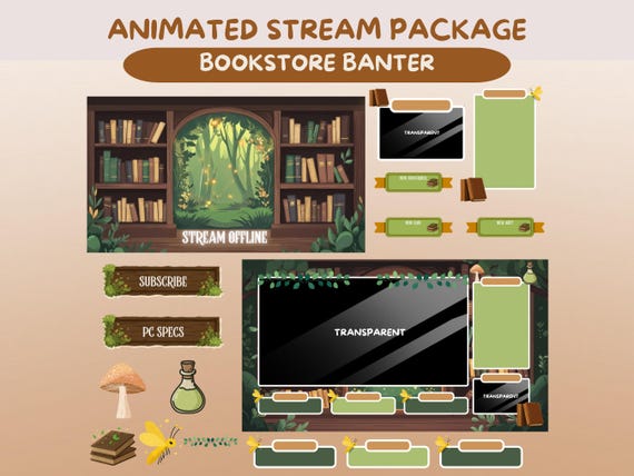 Cozy Cottagecore Bookstore Twitch Overlay Full Stream Package Animated Background Digital Download Cozy Bookstore Overlay Animated Templates