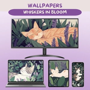 Puede incluir: Fondos de pantalla digitales con ilustraciones de gatos. La imagen principal muestra un gato atigrado naranja durmiendo rodeado de hojas verdes y flores moradas en un monitor de ordenador. Otros dispositivos muestran diseños similares con temática de gatos. El texto dice "WALLPAPERS WHISKERS IN BLOOM".