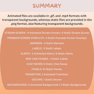 K&ouml;nnte beinhalten: Eine Grafik mit der &Uuml;berschrift &bdquo;SUMMARY&ldquo;, die digitale Assets f&uuml;r das Streaming auflistet, einschlie&szlig;lich animierter und statischer Dateien in den Formaten .gif, .mp4 und .png. Die Liste umfasst Stream-Bildschirme, Overlays, Banner, Labels, Alerts, Web-Cam-Frames, Chat-Boxen, Panels, &Uuml;berg&auml;nge, Dekore und Hintergr&uuml;nde.