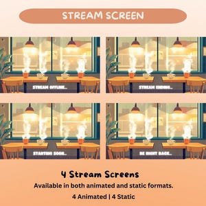 K&ouml;nnte beinhalten: Vier Stream-Bildschirme mit Caf&eacute;-Thema. Jeder Bildschirm zeigt eine Caf&eacute;szene mit Tischen, St&uuml;hlen und Kaffeetassen. Auf den Bildschirmen steht "Stream Offline", "Stream Ending", "Starting Soon" und "Be Right Back". Das Bild zeigt auch "4 Stream Screens".