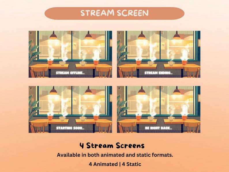 K&ouml;nnte beinhalten: Vier Stream-Bildschirme mit Caf&eacute;-Thema. Jeder Bildschirm zeigt eine Caf&eacute;szene mit Tischen, St&uuml;hlen und Kaffeetassen. Auf den Bildschirmen steht "Stream Offline", "Stream Ending", "Starting Soon" und "Be Right Back". Das Bild zeigt auch "4 Stream Screens".