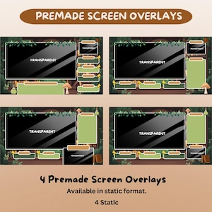 May include: Four premade screen overlays with a forest theme. Each overlay features a transparent screen area, a green sidebar, and decorative elements like mushrooms and foliage. The text "TRANSPARENT" is visible on each screen. The image also includes the text "4 Premade Screen Overlays" and "Available in static format."