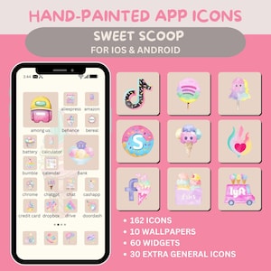 May include: A pink background with the text "HAND-PAINTED APP ICONS SWEET SCOOP FOR IOS & ANDROID." The image shows a smartphone with custom app icons and a grid of matching icons. The icons have a watercolor style.