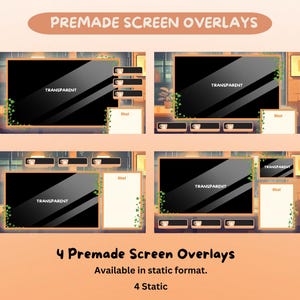 K&ouml;nnte beinhalten: Vier vorgefertigte Bildschirm-Overlays mit einem gem&uuml;tlichen Caf&eacute;-Thema. Jedes Overlay verf&uuml;gt &uuml;ber einen transparenten Bildschirm, eine Chatbox und dekorative Elemente wie Kaffeetassen und Gr&uuml;nzeug. Der Text "PREMADE SCREEN OVERLAYS" und "TRANSPARENT" sind sichtbar.