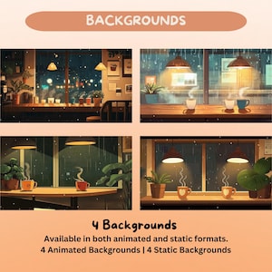 K&ouml;nnte beinhalten: Vier digitale Hintergr&uuml;nde mit gem&uuml;tlichen Caf&eacute;szenerien mit Regen und warmer Beleuchtung. Jede Szene enth&auml;lt Tische, Pflanzen und dampfende Tassen. Der Text oben lautet "BACKGROUNDS" und der Text unten lautet "4 Backgrounds". Verf&uuml;gbar in animierten und statischen Formaten.