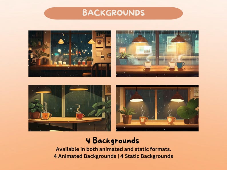 K&ouml;nnte beinhalten: Vier digitale Hintergr&uuml;nde mit gem&uuml;tlichen Caf&eacute;szenerien mit Regen und warmer Beleuchtung. Jede Szene enth&auml;lt Tische, Pflanzen und dampfende Tassen. Der Text oben lautet "BACKGROUNDS" und der Text unten lautet "4 Backgrounds". Verf&uuml;gbar in animierten und statischen Formaten.