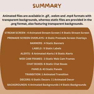 May include: A graphic titled "SUMMARY" detailing animated and static files for streaming, including stream screens, overlays, banners, labels, alerts, web cam frames, chat boxes, panels, transitions, decors, and backgrounds. Files are in .gif, .webm, .mp4 and .png formats.