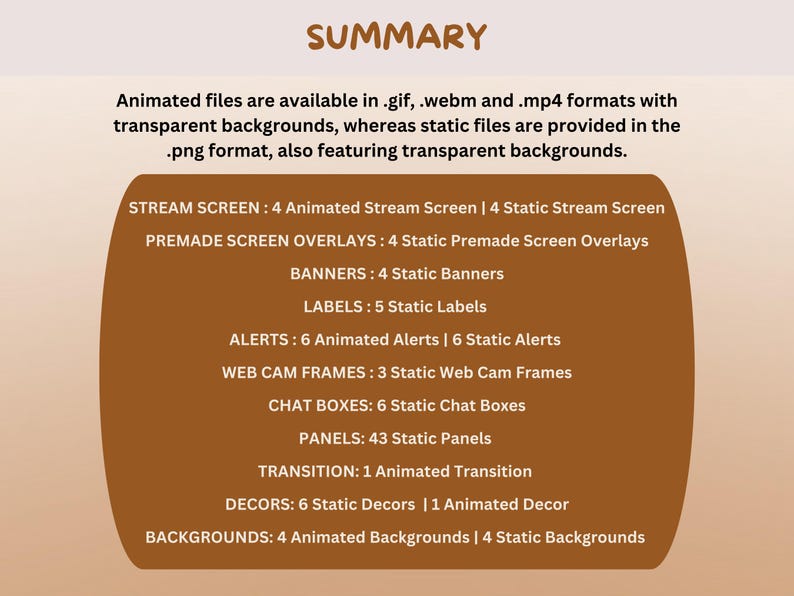 May include: A graphic titled "SUMMARY" detailing animated and static files for streaming, including stream screens, overlays, banners, labels, alerts, web cam frames, chat boxes, panels, transitions, decors, and backgrounds. Files are in .gif, .webm, .mp4 and .png formats.